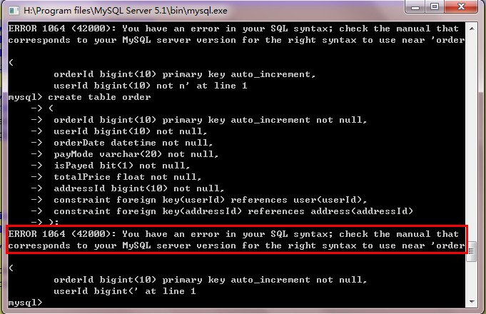 MySQL쳣ERROR 1064 (42000): use near 'order