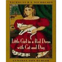  Little Girl in a Red Dress with Cat and Dog